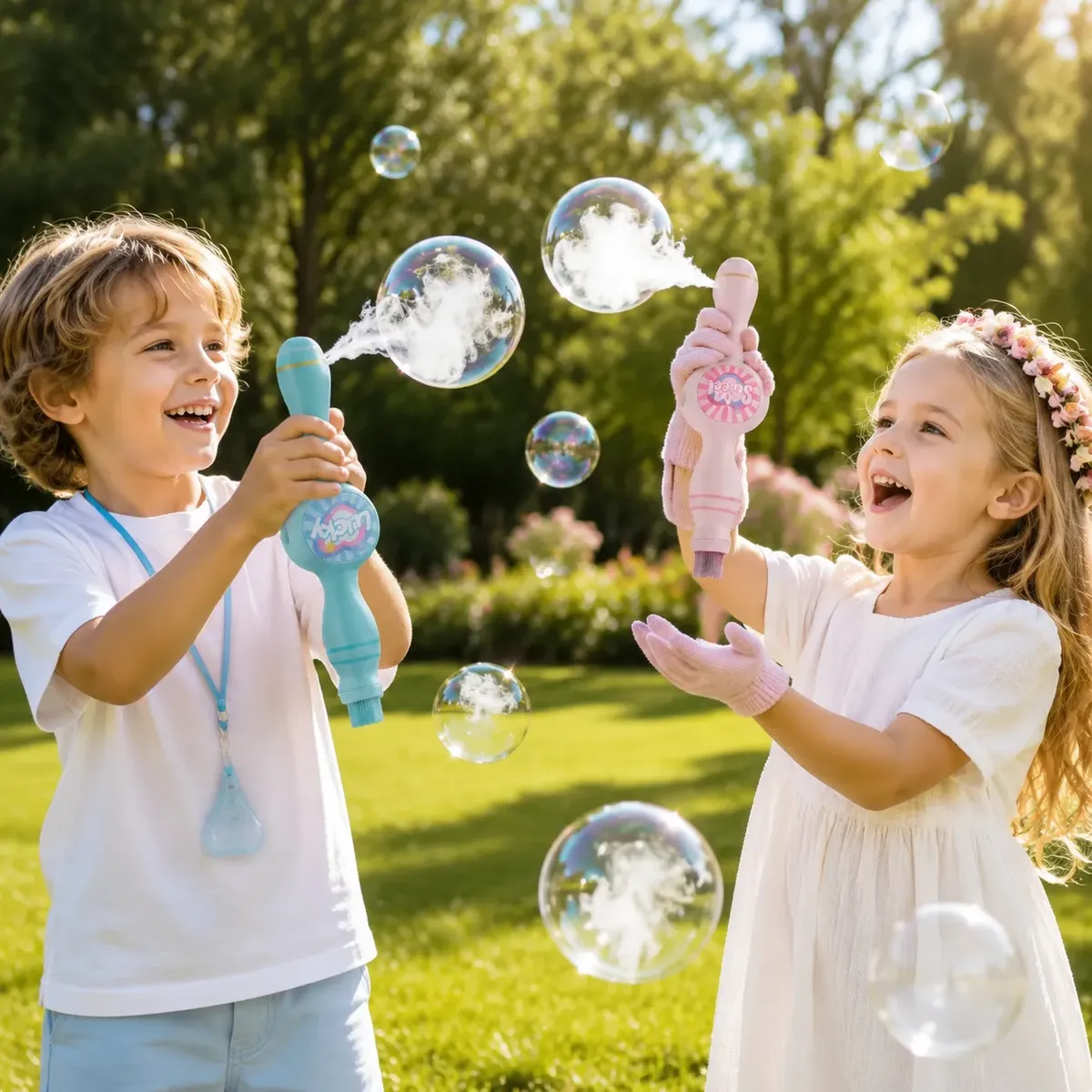 Crianças brincando com bolhas de fumaça