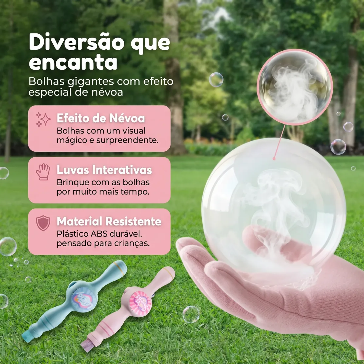 Efeito de névoa, luvas interativas e material resistente