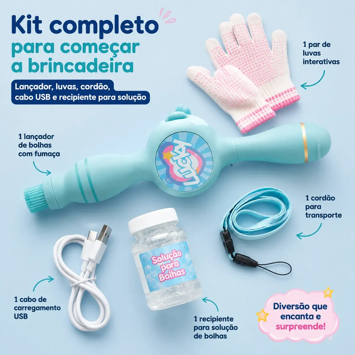 Kit completo: lançador, luvas, cordão, cabo USB e recipiente